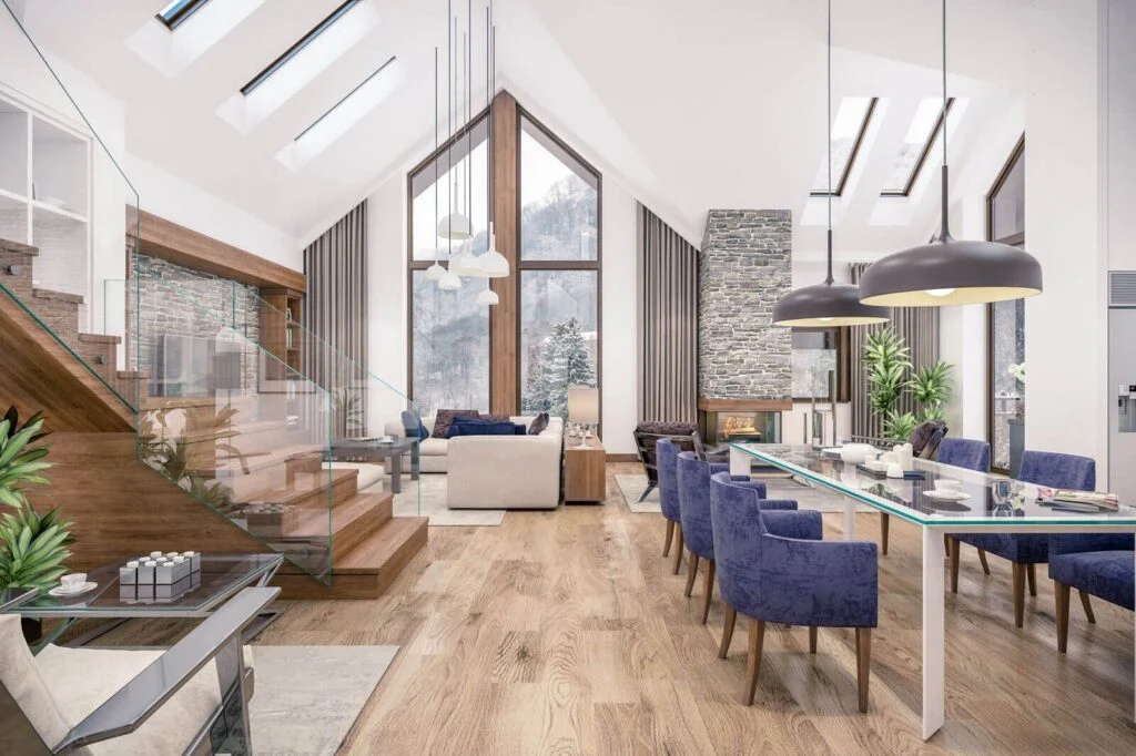 Custom living room with tall windows and stone fireplace